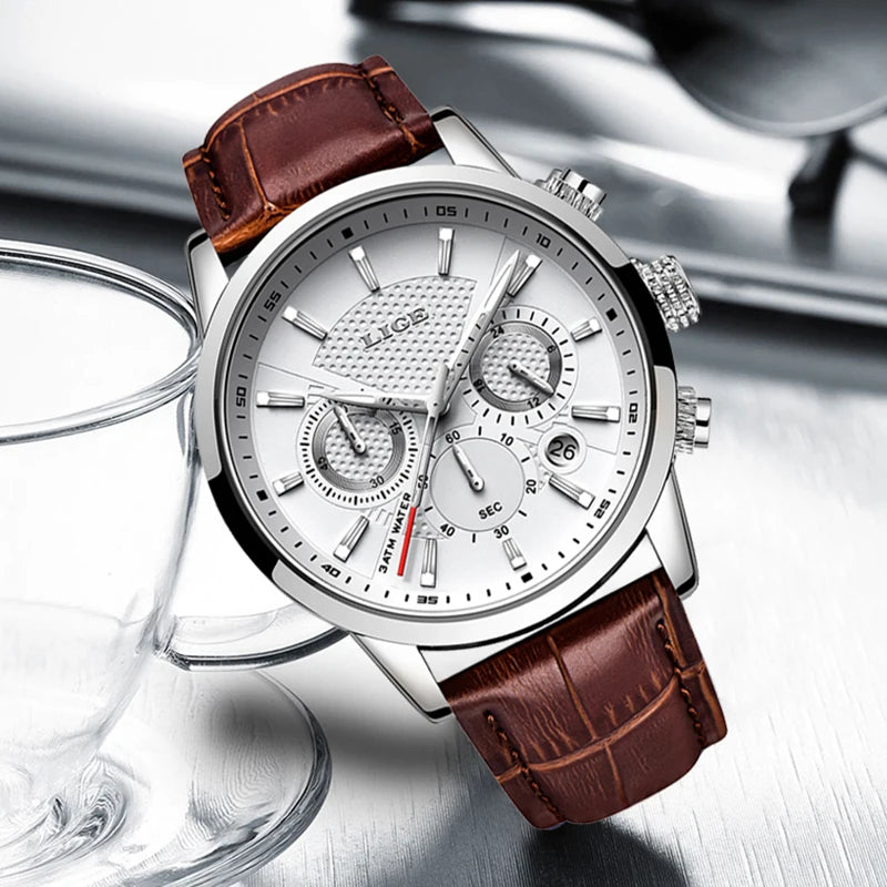 2022 New Mens Watches LIGE Top Brand Leather Chronograph Waterproof Sport Automatic Date Quartz Watch For Men Relogio Masculino