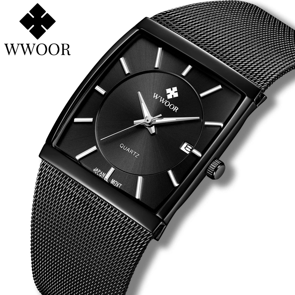WWOOR 2025 New Top Brand Luxury Men Causal Watch Square Black Mesh Steel Quartz Sports Waterproof Wristwatches Relogio Masculino