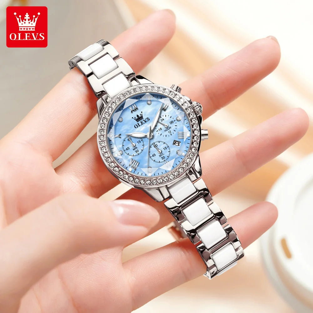 OLEVS Woman Watch Luxury Fashion Rhombus Mirror Chronograph Quartz Wristwatches Elegant Ladies Watch With Bracelet Necklace 9999