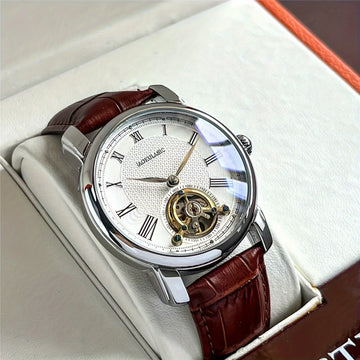 Luxury Men's Automatic Mechanical Watch - Stylish Skeleton Design, Fashionable Business Casual Style, Alloy Case and Leather Strap, No Battery