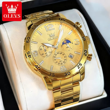 OLEVS Men's Watches Luxury Fashion Fine Steel Chronograph Rhombus Mirror Original Quartz Wristwatch for Man Moon Phase Date New
