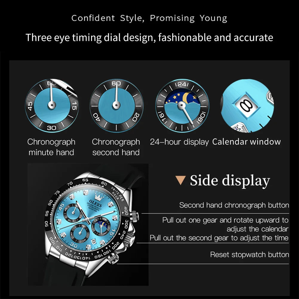 OLEVS 2875 Original Luxury Brand Quartz Watch for Men Silicone Strap Chronograph Auto Date Waterproof Moon Phase Man Sport Watch