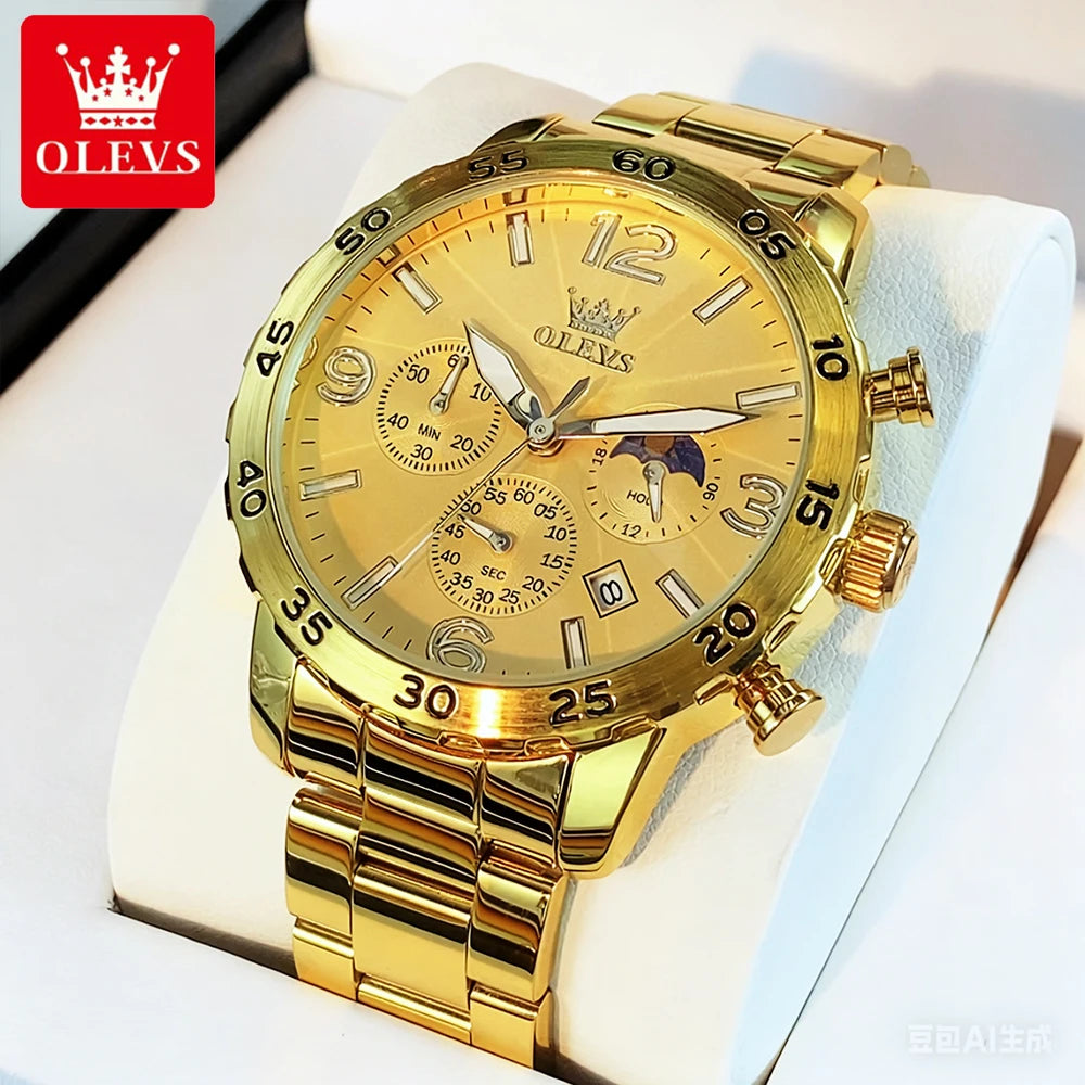 OLEVS Men's Watches Luxury Fashion Fine Steel Chronograph Rhombus Mirror Original Quartz Wristwatch for Man Moon Phase Date New