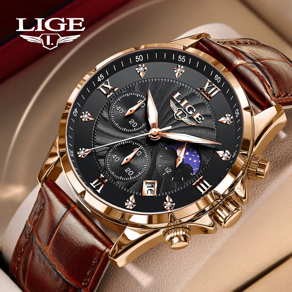 2025 New Mens Watches LIGE Top Brand Luxury Brown Leather Casual Quartz Watch Men Sport Waterproof Clock Watch Relogio Masculino