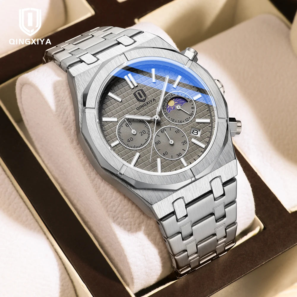 QINGXIYA Men's Watches Top Brand Luxury Watch for Men Original Waterproof Stainless Steel Chronograph Moon Phase Date relogio
