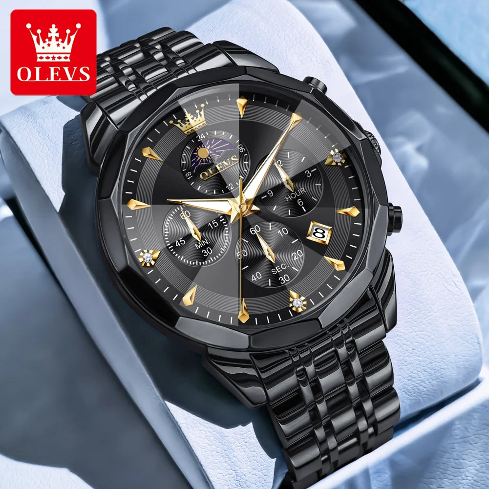 OLEVS 3673 Original Man Watch Solid Steel Strap Three Small Dials Design Classic Luxury Rhombus Mirror Men's Quartz Wristwatches