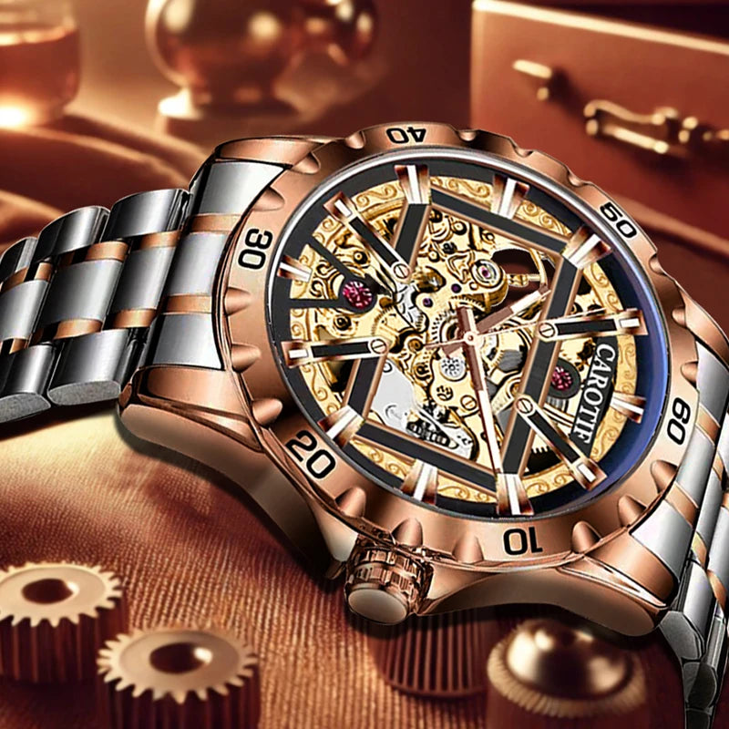 A men's rose gold classic, luxurious, elegant, and niche mechanical watch with a two-tone metal band